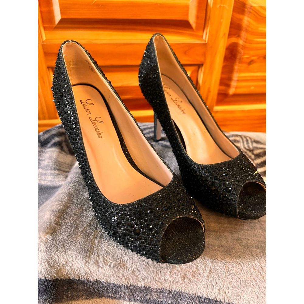 Women's Lauren Lorraine Embellished Peep Toe Heels Black Size 8